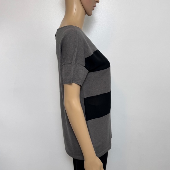 NWT FRNCH Simon’s Grey Wool-blend Black Chiffon Stripes Short Sleeve Top Sz S - Picture 2 of 9